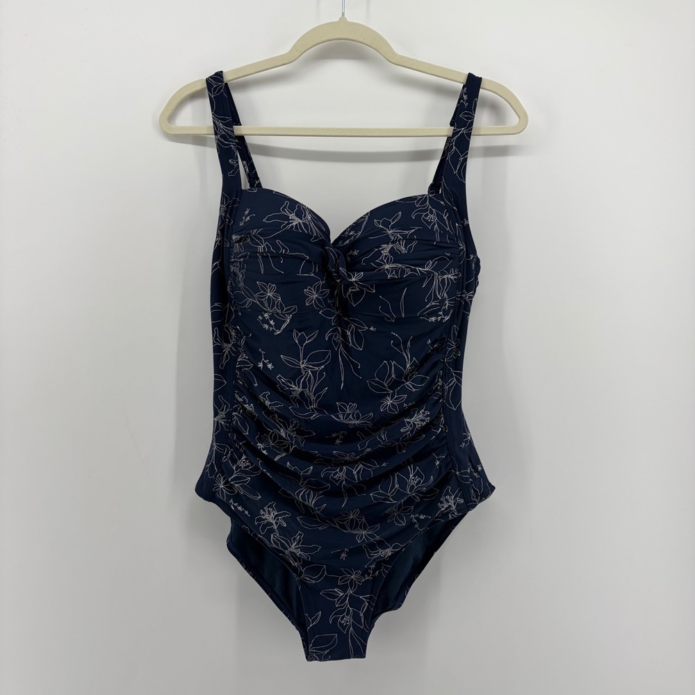 Niptuck Swim Womens 10 Navy Blue One Piece Floral Ruched Sweetheart Swimsuit